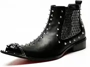 [Generic] Men Patch Work Two Tones Band Rivets Studs Decortaion Metal Pointed Toe Genuine Leather Punk Boots for Men