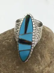 Native Womens Navajo Opal Turquoise Inlay Sterling Silver Ring Size 6 01603
