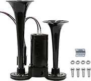 Upgraded 12V Air Horn Kit 600DB - Dual Trumpet Train Horn for Pickup Trucks, Heavy Duty Vehicles, Motorcycles & Boats with High-Pressure Compressor Black-A