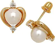 [JewelryWeb] 14k Yellow Gold White 6x6mm Freshwater Cultured Pearl and CZ Simulated Diamond Love Heart Screw Back Earrings Stud Earring for Women