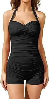 [Tempt Me] Women Tummy Control One Piece Swimsuits with Shorts Boyleg Retro Bathing Suit Halter Swimwear