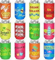 12 Packs Beer Can Cooler Sleeve Funny Beach Themed Beer Can Sleeves Insulated Neoprene Drink Cooler Sleeves for Cans and Bottles Party Favors