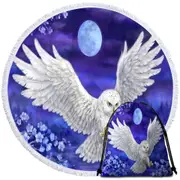 Purple Skies Moon Flowers and White Owl Round Beach Towel