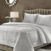 Tribeca Living Velvet King Quilt Set, Three-Piece Box Stitch Bedding, Includes Oversized Quilt & Two Shams, 260GSM Super Soft Velvet, Silver Grey
