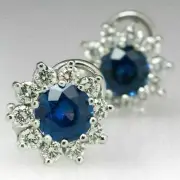 2 Ct Lab Created Blue Sapphire Halo Stud Earrings 14K White Gold Plated Silver