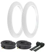 2 BICYCLE PRO+ 20 X 2.125 WHITE COMP III TIRES W/HEAVY DUTY TUBES & RIMSTRIPS