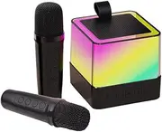 Karaoke Wirel Microphone and Speaker Set with 2 Microphone Color Light Handheld Mic Karaoke Speaker S for Birthday Party Desktop Home KTV Set Black