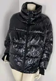 DKNY Sorona Aura Puffer Jacket Wet Look Shiny Black Size XL DLFY12331 NWT