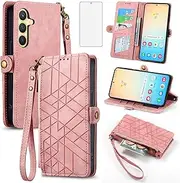 Asuwish Phone Case for Samsung Galaxy S24 Plus S24+ 5G Wallet Cover with Tempered Glass Screen Protector and Flip Zipper Credit Card Holder Cell Accessories S24plus 24S + S 24 24+ Women Men Pink