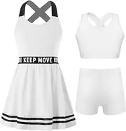 [FEESHOW] Kids Girls Tennis Set Sleeveless Tennis Dress + Tank Top Shorts Netball Outfits Sportwear