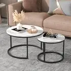 Coffee Table Set of 2 Round Nesting Table Marble Pattern Wooden Side Table Met