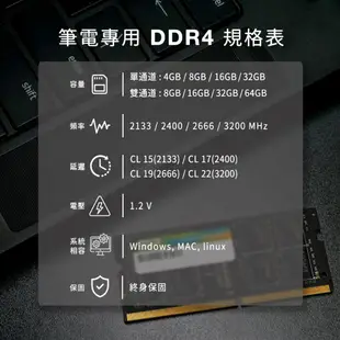 SP DDR4 2133 2400 2666 3200 16GB 32GB 筆記型 筆電 記憶體 1.2V 終生保固廣穎