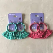 NWT Claire's 2 paires 2.5" Tassel Wrapped Circle Drop Earrings Turquoise / Pink