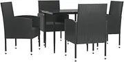 vidaXL 5 Piece Garden Dining Set - Black Poly Rattan & Steel Outdoor Table & 4 Chairs with Cushions