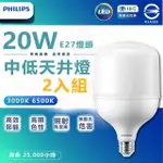 【PHILIPS 飛利浦照明】2入組 20W LED中低天井燈泡(白光/黃光 E27燈頭 全電壓)