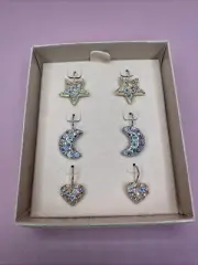 Vintage Signed Kirks Folly Rhinestone Star Moon Heart Pierced Leverback Earrings