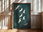 Flying Cranes Japandi Style Print Teal White Bird Image Elegant Gallery Wall Art Vintage Japanese Style 230