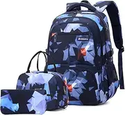 [Generic] Primary and Secondary School Students Backpack Schoolbag with Lunch Bag and Pen Bag Blue Geometric Grid