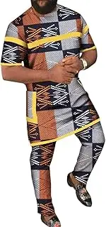 [Sweejim] African Men 2 Pieces Pants Sets Patchwork Short Sleeve Top Tees With Pocket And Pants Sets