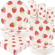 Strawberry Party Tableware Set - 200PCS Birthday Party Supplies Strawberry Disposable Paper Plates Dinnerware Set Dinner Plates Dessert Plates Cups Napkins for 50 Guests Baby Shower Fruit 1st Party