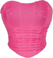[OFFSUM] Women's Sexy Corset - Strapless Sleeveless Breathable Mesh Lingerie Lace Up Adjustable Bustier Crop Top Fashion Solid Color Streetwear