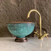 Green Patina Hammered Copper Vessel Sink - Oxidized Copper Sink Bathoom - Green