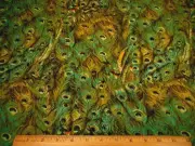 Cotton Fabric 1 Yard Teal Green Yellow Packed Peacock Feathers Quilting #C
