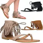 New Thong Open Toe Vegan Suede Fringe Cuff Flat Gladiator Sandals Tassel Lace Up