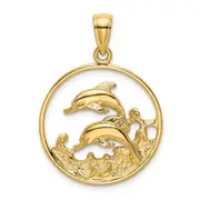 14k Yellow Gold Double Dolphins In Circle Charm