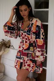 JAASE - Jayde Mini Dress: Lattice Detailed A Line Dress with Tiered Skirt in Barossa Print