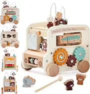 Wooden Activity Cube - 8 in 1 Activity Cube with Animal Tourism Bus Theme | Montessori Toys for 1 Year Old Boys Girls, Multipurpose Educational Toys for Toddlers and Kids - First Birthday Gift