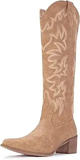 [IUV] Cowboy Boots For Women Knee High Boots Pointy Toe Women's Western Boots Side Zipper Chunky Heel Cowgirl Boots