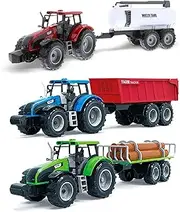 Mozlly Friction Powered Farm Tractor Vehicles, 16.5" Includes Farmer Tractor Water Tank and Log Trailer, Push & Go No Batteries Needed Farming Toys Playset for Boys Kids Toddlers (3pc Set)