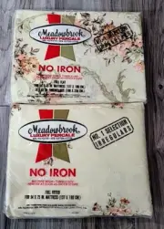 NEW - Vtg Meadowbrook FULL Flat & Fitted Percale Cream Orange Tan Floral Sheets