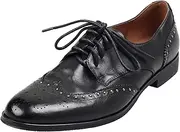 [XINXINIO] Womens Genuine Leather Chunky Heel Oxford Shoes Brogue Shoes Stylish Dress Shoes, Black, 6