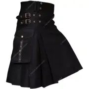 Handmade Cargo Pockets Black Hybrid Utility Kilts for Men