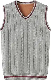 [SWJGLITTR] Men Cable Knitted Thick Pullover Vest V-Neck Slim Fit Sleeveless Sweater Slim Knit Wool Blended Vests, Light Gray, Small