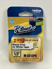 Brother P-Touch M Tape Black Print on White Tape 1/2" 2 Tape Value PK PTouch NEW