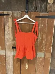 Simply Be Red Shirred Smock Top Tie Strap Elasticated Stretch Linen Blend UK 18