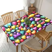 5 Foot Rectangle Elastic Fitted Tablecloth, Waterproof Edged Great for Picnic Party Outdoor Patio,Colorful Rainbow Hearts