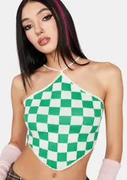 [Pretty Garbage] Green Checkered Open Back Halter Top