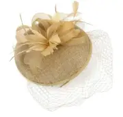 Fascinator, Antique Gold, Headband Style Flowers, Feathers & Net Fits 40cm Head
