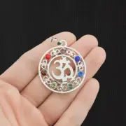 BULK 5 Om Antique Silver Tone Charms with Inset Rhinestones - SC2213