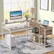Tribesigns Reversible L Shaped Desk with Drawer, 140cm Corner Desk Home Office Desk with Storage Shelves and Monitor Stand, Rustic Wooden and Metal Computer Desk for Small Space (Oak)