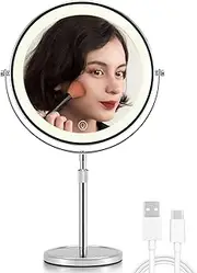 [OMIRO] Lighted Makeup Mirror with 1X/10X Magnification, 8.5 Inches Double Sided Swivel Vanity Mirror with Height-Adjustable Stand (Silver)