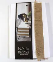 Nate Berkus White Jute Fringe Natural Table Runner Linen Cotton Blend 14"x72"