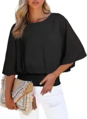 Dokotoo Womens 3/4 Sleeve Boat Crew Neck Chiffon Blouse Black Medium Chiffon