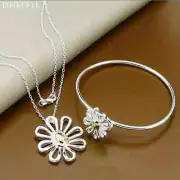 DOTEFFIL 925 Sterling Silver Gold Flower Necklace Bangle Set Fashion Jewelry