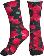 [OAROK] Red Pink Flower Sport Running Calf Socks Performance Breathable Crew Socks For Men Women