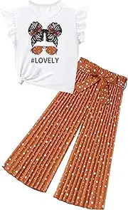 [EuquixZeph] Girl's Two Piece Outfits Summer Tops Short Sleeve T-Shirt and print Pants Sets